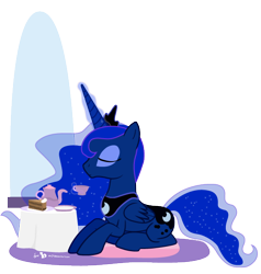 Size: 570x600 | Tagged: safe, artist:dm29, princess luna, alicorn, pony, cake, eyes closed, magic, prone, simple background, solo, tea, transparent background