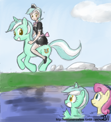 Size: 914x1000 | Tagged: safe, artist:johnjoseco, artist:michos, bon bon, lyra heartstrings, sweetie drops, human, pony, sea pony, unicorn, clothes, female, human ponidox, humanized, humans riding ponies, maid, mare, riding, running, seapony lyra, self ponidox, water