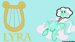 Size: 1366x768 | Tagged: source needed, safe, artist:detectivebuddha, lyra heartstrings, unicorn, cloud, cutie mark, hand, lyre, musical instrument, sleeping, that pony sure does love hands, thought bubble, wallpaper