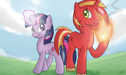 Size: 900x540 | Tagged: safe, artist:speccysy, derpibooru import, twilight sparkle, oc, oc:pyro, pony, unicorn, duo, female, fire, magic, male, mare, pyromancy, smiling, stallion