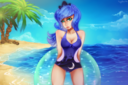 Size: 3000x2000 | Tagged: safe, artist:twigileia, princess luna, human, beach, clothes, humanized, inner tube, one-piece swimsuit, solo, swimsuit