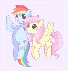 Size: 1940x2048 | Tagged: safe, artist:ginmaruxx, fluttershy, rainbow dash, pegasus, pony, blushing, duo, female, hooves on hips, mare, pink background, simple background, smiling, spread wings, three quarter view, wings