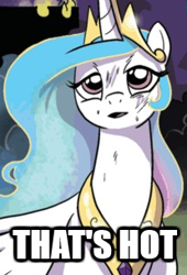 Size: 207x305 | Tagged: artist needed, safe, idw, princess celestia, alicorn, pony, bedroom eyes, bust, image macro, meme, open mouth, reaction image, smiling, solo, sweat