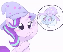 Size: 2048x1690 | Tagged: safe, artist:ginmaruxx, starlight glimmer, trixie, pony, unicorn, bipedal, blushing, clothes, cute, duo, female, glimmerbetes, hat, pointing, simple background, smiling, thought bubble, trixie's hat, white background