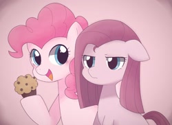 Size: 2048x1492 | Tagged: safe, artist:ginmaruxx, pinkie pie, earth pony, pony, cute, diapinkes, duality, female, food, holding, hoof hold, looking at you, muffin, open mouth, pink background, pinkamena diane pie, self ponidox, simple background, smiling, solo