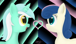 Size: 3600x2100 | Tagged: safe, artist:mikoruthehedgehog, bon bon, lyra heartstrings, sweetie drops, earth pony, pony, unicorn, eye contact, female, heart, high res, lesbian, looking at each other, lyrabon, mare, shipping, smiling