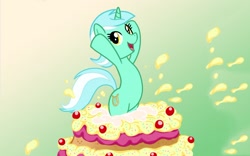 Size: 1600x999 | Tagged: safe, artist:madmax, edit, lyra heartstrings, pony, unicorn, bipedal, cake, female, mare, pop out cake, smiling, solo, surprise cake, wallpaper
