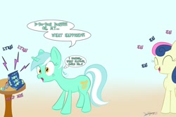 Size: 1500x1000 | Tagged: safe, artist:dashboom, bon bon, lyra heartstrings, sweetie drops, earth pony, pony, unicorn, amused, bon bon is amused, candy, female, gradient background, laughing, mare, prank