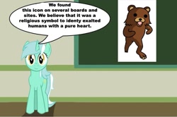 Size: 887x589 | Tagged: safe, lyra heartstrings, pony, unicorn, chalkboard, female, human studies101 with lyra, looking at you, mare, meme, pedobear, solo