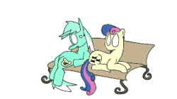 Size: 320x180 | Tagged: safe, artist:tranquilmind, bon bon, lyra heartstrings, sweetie drops, earth pony, pony, unicorn, animated, baman piderman, bench, dragging, duo, female, frame by frame, gif, mare, no pupils, parody, simple background, sitting, squigglevision, wat, white background