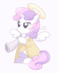 Size: 1654x2048 | Tagged: safe, artist:ginmaruxx, sweetie belle, angel, pony, unicorn, ..., blanket, blowing horn, blushing, clothes, confused, costume, cute, diasweetes, female, filly, floating wings, halo, horn, musical instrument, outfit, question mark, simple background, solo, squint, technically alicorn, thought bubble, white background, wings