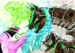 Size: 2281x1597 | Tagged: safe, artist:thanatos1988, queen chrysalis, twilight sparkle, changeling, changeling queen, mind control, traditional art