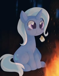 Size: 906x1162 | Tagged: safe, alternate version, artist:ginmaruxx, trixie, pony, unicorn, :t, blushing, cute, diatrixes, eating, female, fireplace, food, glowing horn, horn, mare, marshmallow, sitting, smiling, solo