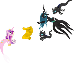 Size: 3492x3012 | Tagged: safe, artist:kaylathehedgehog, princess cadance, queen chrysalis, changeling, changeling queen, mermaid, merpony, octopus, ariel, cecaelia, parody, scroll, simple background, the little mermaid, transparent background, ursula, vector