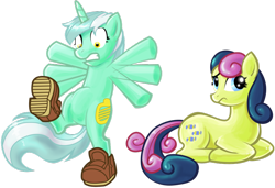 Size: 900x616 | Tagged: safe, artist:shadow-rhapsody, bon bon, lyra heartstrings, sweetie drops, earth pony, pony, unicorn, balancing, bipedal, bon bon is not amused, boots, duo, duo female, female, mare, prone, simple background, transparent background, unamused