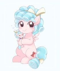 Size: 1725x2048 | Tagged: safe, artist:ginmaruxx, cozy glow, pegasus, pony, cozybetes, cute, female, filly, looking at you, plushie, simple background, sitting, smiling, solo, white background