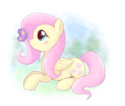 Size: 3193x2714 | Tagged: safe, artist:ginmaruxx, fluttershy, butterfly, pegasus, pony, blushing, cute, female, folded wings, high res, looking at something, mare, pixiv, profile, prone, shyabetes, smiling, solo, wings