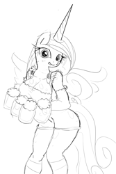 Size: 1018x1523 | Tagged: safe, artist:zev, princess cadance, anthro, beer, breasts, cleavage, dirndl, female, grayscale, monochrome, oktoberfest, princess cansdance