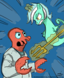 Size: 659x800 | Tagged: safe, artist:johnjoseco, lyra heartstrings, sea pony, abstract background, crossover, duo, female, futurama, seapony lyra, shoo be doo, trident, zoidberg