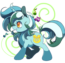 Size: 850x831 | Tagged: safe, artist:sugaryrainbow, lyra heartstrings, pony, unicorn, abstract background, female, mare, music notes, solo