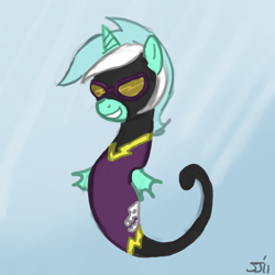 Size: 700x700 | Tagged: safe, artist:johnjoseco, lyra heartstrings, sea pony, clothes, colored, costume, female, goggles, seapony lyra, shadowbolts, shadowbolts costume, shoo be doo, solo, species swap