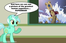 Size: 887x588 | Tagged: safe, lyra heartstrings, human, pony, unicorn, chalkboard, female, franky, human studies101 with lyra, mare, meme, one piece, superman