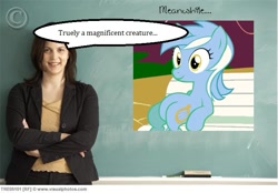 Size: 701x487 | Tagged: safe, lyra heartstrings, human, pony, unicorn, chalkboard, female, human studies101 with lyra, inverted meme, irl, irl human, mare, meme, photo, sitting, sitting lyra