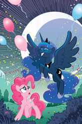 Size: 755x1147 | Tagged: safe, artist:tonyfleecs, idw, pinkie pie, princess luna, alicorn, earth pony, pony, balloon, cover, cover art, idw advertisement