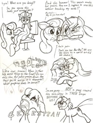 Size: 893x1183 | Tagged: safe, artist:gavalanche, bon bon, lyra heartstrings, sweetie drops, earth pony, pony, unicorn, comic, conspiracy, existential crisis, female, hammer, mare, meme, monochrome, mouth hold, sitting, sitting lyra, train