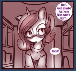 Size: 650x605 | Tagged: safe, artist:ende26, princess cadance, alicorn, pony, ask high school cadance, blushing, glasses, monochrome, solo