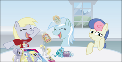 Size: 2990x1532 | Tagged: safe, artist:t-3000, bon bon, carrot top, derpy hooves, golden harvest, lyra heartstrings, sweetie drops, pegasus, pony, blind bag, bon bon is not amused, brushable, card, clothes, enterplay, female, figure, funko, happy, magic, mare, sad, shirt, smiling, telekinesis, toy, window