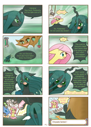 Size: 1480x2071 | Tagged: safe, artist:howxu, fluttershy, queen chrysalis, changeling, changeling queen, hydra, pegasus, pony, 4koma, chrysalis's fluttered adventure, chrysashy, comic, megaman x, multiple heads, parody, pokémon, sign