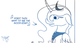 Size: 1250x703 | Tagged: safe, artist:midnightsix3, princess luna, alicorn, pony, curved horn, lunadoodle, monochrome, music notes, solo