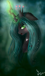 Size: 1773x3005 | Tagged: safe, artist:wilvarin-liadon, queen chrysalis, changeling, changeling queen, beautiful, crown, fangs, female, magic, necklace, solo