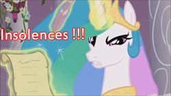 Size: 800x450 | Tagged: safe, screencap, princess celestia, alicorn, pony, image macro, insolence, letter, meme, solo