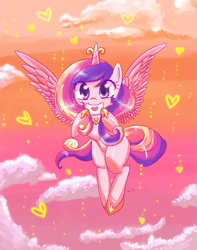 Size: 641x815 | Tagged: safe, artist:resentfuljoy, princess cadance, alicorn, pony, female, filly, flying, heart, letter, mouth hold, solo, younger