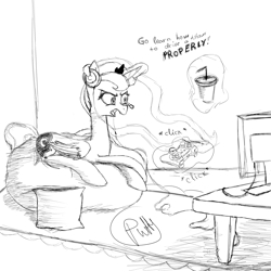 Size: 5000x5000 | Tagged: safe, artist:puffysmosh, princess luna, alicorn, pony, absurd resolution, controller, drink, gamer luna, headset, lunadoodle, magic, monochrome, solo, telekinesis, titanfall