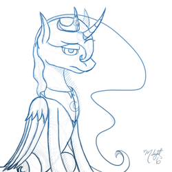 Size: 700x700 | Tagged: safe, artist:midnightsix3, princess luna, alicorn, pony, lunadoodle, monochrome, solo