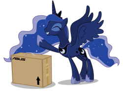 Size: 2203x1631 | Tagged: safe, artist:flare-chaser, princess luna, alicorn, pony, asus, box, cardboard box, computer, eyes closed, gamer luna, grin, happy, simple background, smiling, solo, spread wings, transparent background, vector