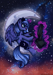 Size: 566x800 | Tagged: safe, artist:madblackie, princess luna, alicorn, pony, crescent moon, filly, gamer luna, magic, moon, s1 luna, solo, tangible heavenly object, transparent moon, woona