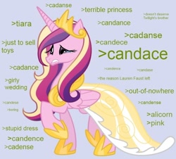 Size: 700x634 | Tagged: safe, princess cadance, alicorn, pony, /mlp/, 4chan, abuse, caddybuse, clothes, crying, disembodied thoughts, dress, fluttercry, frown, greentext, implied shining armor, lip bite, sad, text, woobie, worst pony