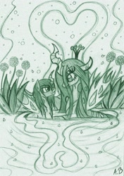 Size: 1632x2324 | Tagged: safe, artist:rossmaniteanzu, queen chrysalis, oc, oc:poisoned soul, changeling, changeling queen, bath, canon x oc, changelingified, chrysalislover, couple, eye contact, flower, heart, traditional art