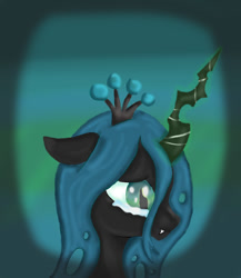 Size: 520x600 | Tagged: safe, artist:yummibutta, queen chrysalis, changeling, changeling queen, crying, female, horn, solo