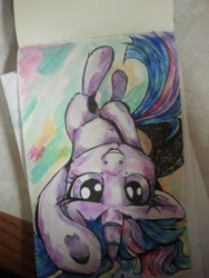 Size: 960x1280 | Tagged: safe, artist:buttercupsaiyan, derpibooru import, twilight sparkle, pony, unicorn, female, looking at you, mare, on back, smiling, solo, traditional art, watercolor painting