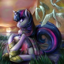 Size: 600x600 | Tagged: safe, artist:buttercupsaiyan, derpibooru import, twilight sparkle, bird, pony, unicorn, clothes, female, mare, scarf, sitting, solo