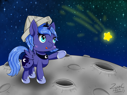 Size: 2000x1500 | Tagged: safe, artist:zanclife, princess luna, alicorn, pony, cartographer's cap, filly, hat, shooting star, solo, woona