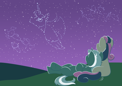 Size: 4961x3508 | Tagged: safe, artist:rannva, bon bon, lyra heartstrings, sweetie drops, oc, oc:fausticorn, cats don't dance, constellation, lauren faust, stargazing, the powerpuff girls