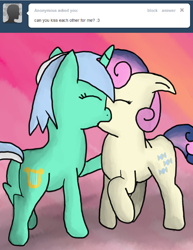 Size: 996x1288 | Tagged: safe, artist:mostlyponyart, bon bon, lyra heartstrings, sweetie drops, earth pony, pony, unicorn, ask, ask lyra and bonbon, eyes closed, female, kissing, lesbian, lyrabon, raised hoof, raised leg, shipping, tumblr