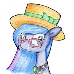 Size: 600x600 | Tagged: safe, artist:unousaya, princess luna, alicorn, pony, glasses, hat, portrait, simple background, solo, traditional art