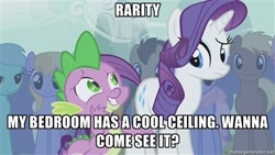 Size: 400x225 | Tagged: safe, derpibooru import, edit, edited screencap, screencap, cloud kicker, coco crusoe, doctor whooves, lyra heartstrings, rainbowshine, rarity, spike, dragon, earth pony, pony, unicorn, boast busters, bad pickup line spike, caption, exploitable meme, female, image macro, innuendo, male, mare, meme, shipping, sparity, stallion, straight